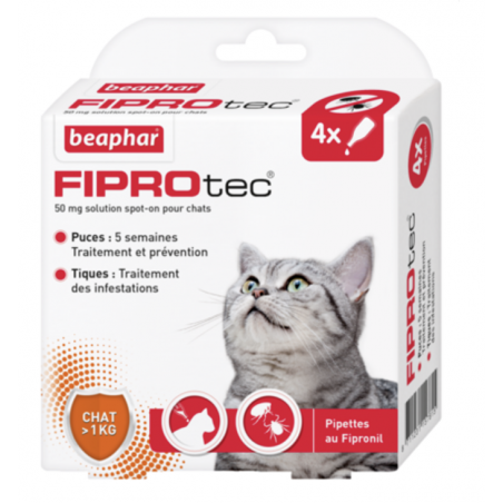 FIPROtec CHAT - 4 Pipettes antiparasitaire - Puces et Tiques