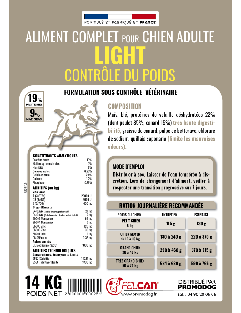 Croquettes Felcan light haut de gamme au canard pour chien adulte
