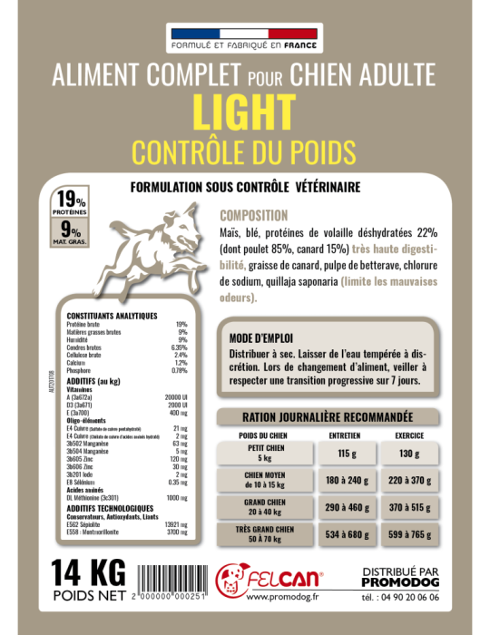 Croquettes Felcan light haut de gamme au canard pour chien adulte