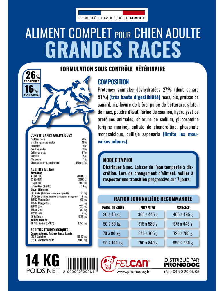 Croquettes Felcan haut de gamme au canard pour grand chien adulte