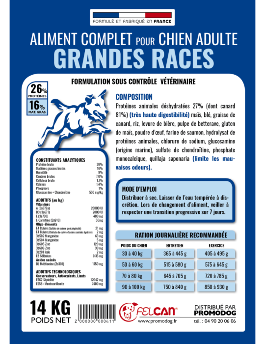 Croquettes Felcan haut de gamme au canard pour grand chien adulte