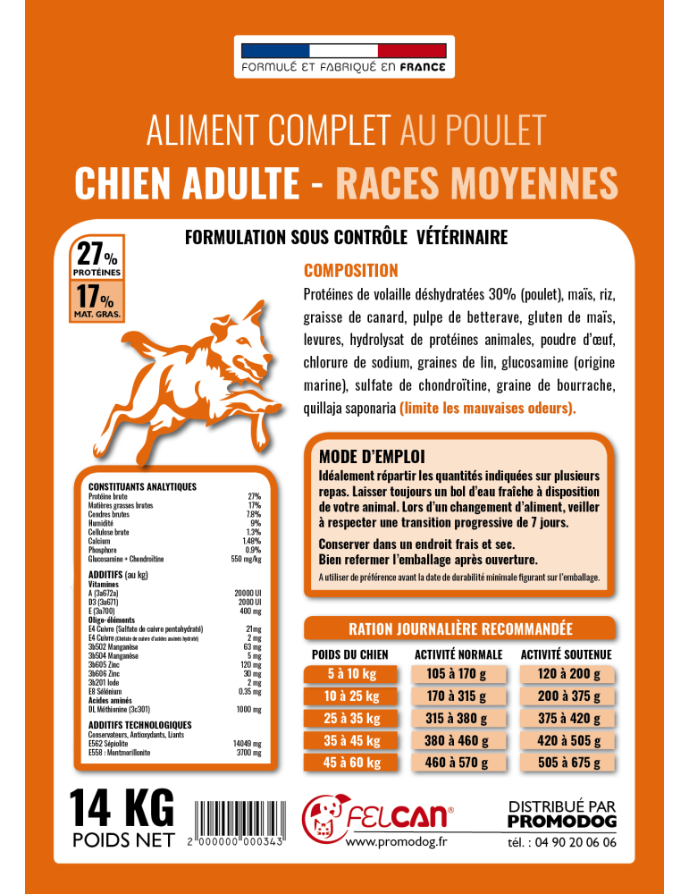 Croquettes felcan haut de gamme au poulet pour chien adulte