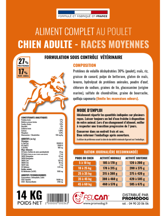 Croquettes felcan haut de gamme au poulet pour chien adulte
