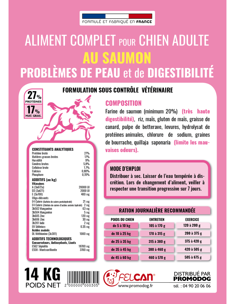 Croquettes Felcan haut de gamme au saumon pour chien adulte