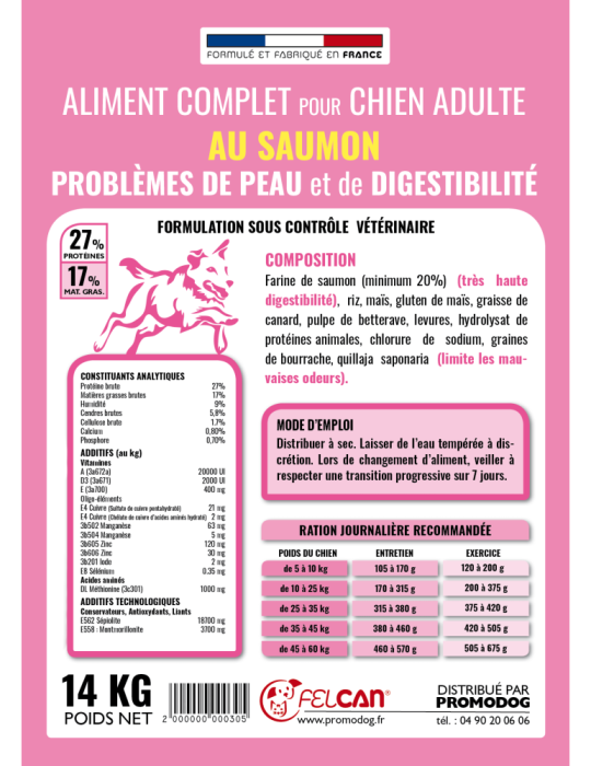 Croquettes Felcan haut de gamme au saumon pour chien adulte
