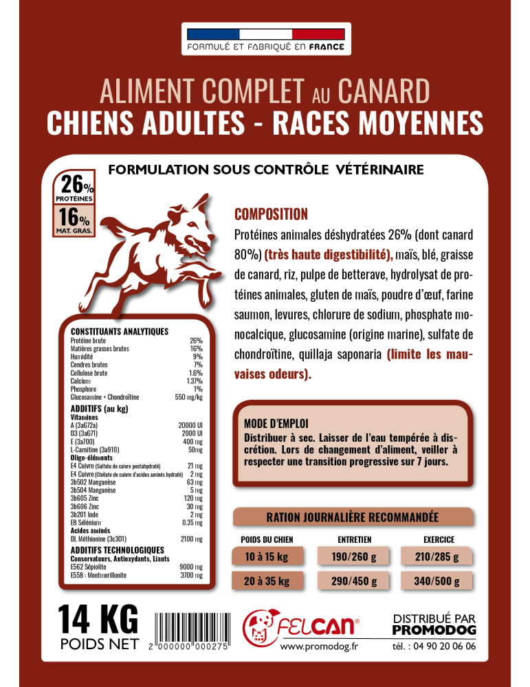 Croquettes Felcan 3kg haut de gamme au canard pour chien adulte