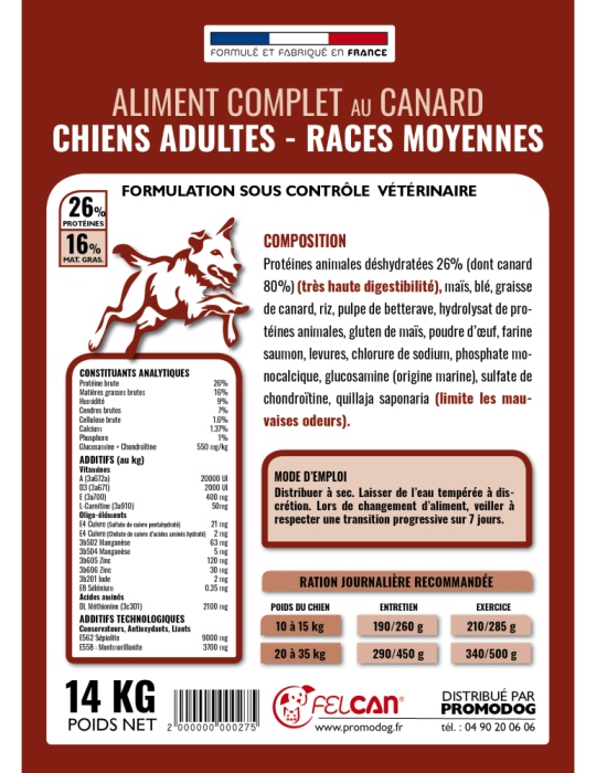 Croquettes Felcan 3kg haut de gamme au canard pour chien adulte