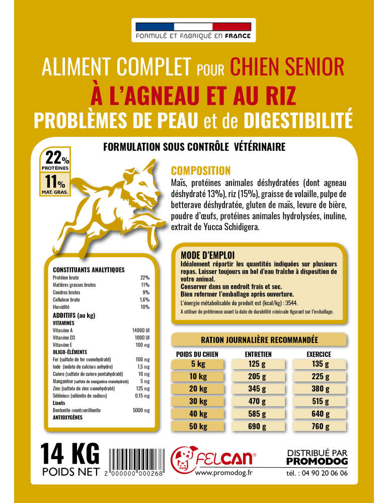 Croquettes Felcan haut de gamme à l'agneau pour chien senior