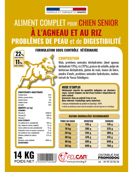 Croquettes Felcan haut de gamme à l'agneau pour chien senior