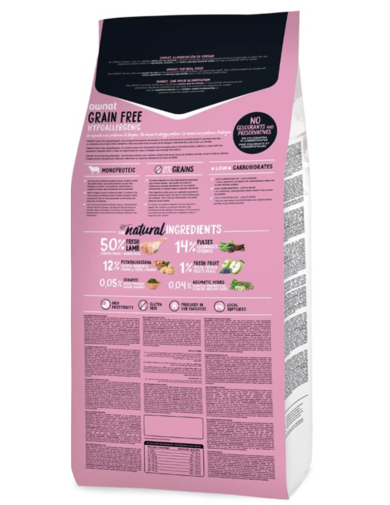 Croquettes hypoallergénique Ownat Grain Free Agneau 14kg